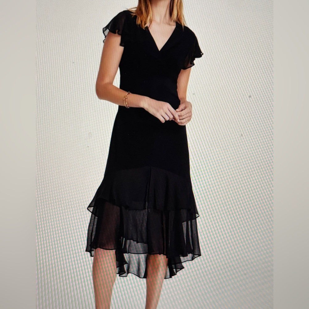 Tommy Hilfiger Chiffon Ruffle Trim V-Neck Midi Black Tiered Dress Women 14 NEW - Picture 9 of 12